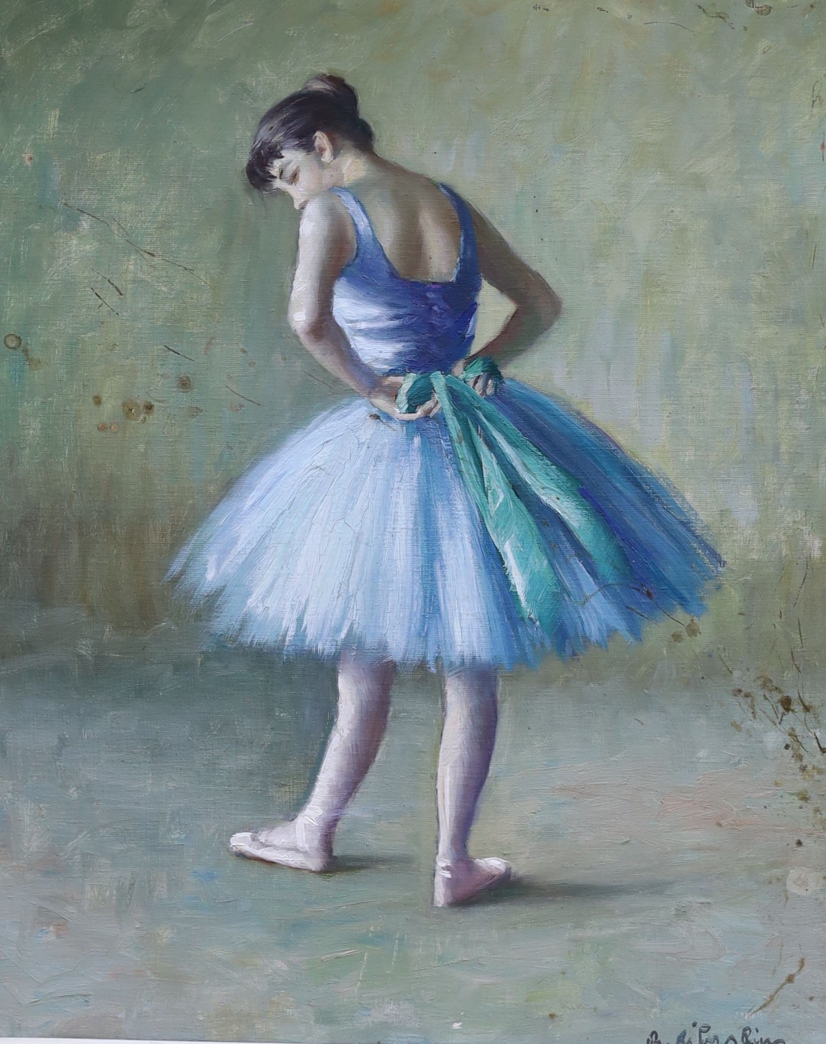 Ramon Ribas Ruis (1903-1983), oil on canvas, Study of a ballerina, signed, 44 x 36cm